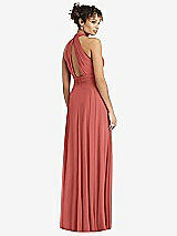 Rear View Thumbnail - Coral Pink High-Neck Open-Back Shirred Halter Maxi Dress