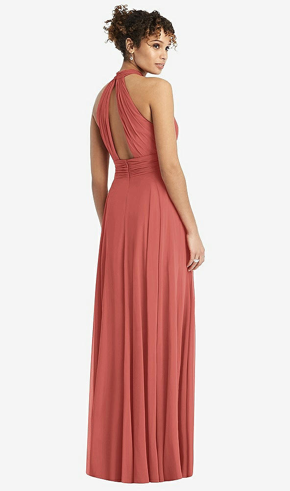Back View - Coral Pink High-Neck Open-Back Shirred Halter Maxi Dress