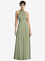 Front View Thumbnail - Sage High-Neck Open-Back Shirred Halter Maxi Dress