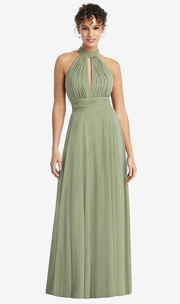 Front View - Sage High-Neck Open-Back Shirred Halter Maxi Dress