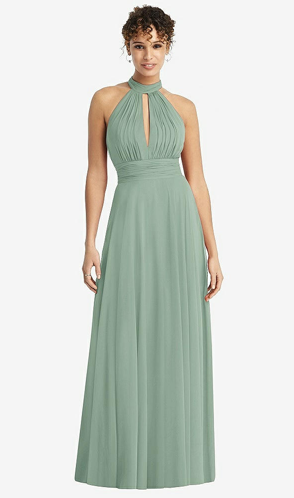 Front View - Seagrass High-Neck Open-Back Shirred Halter Maxi Dress
