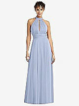 Front View Thumbnail - Sky Blue High-Neck Open-Back Shirred Halter Maxi Dress