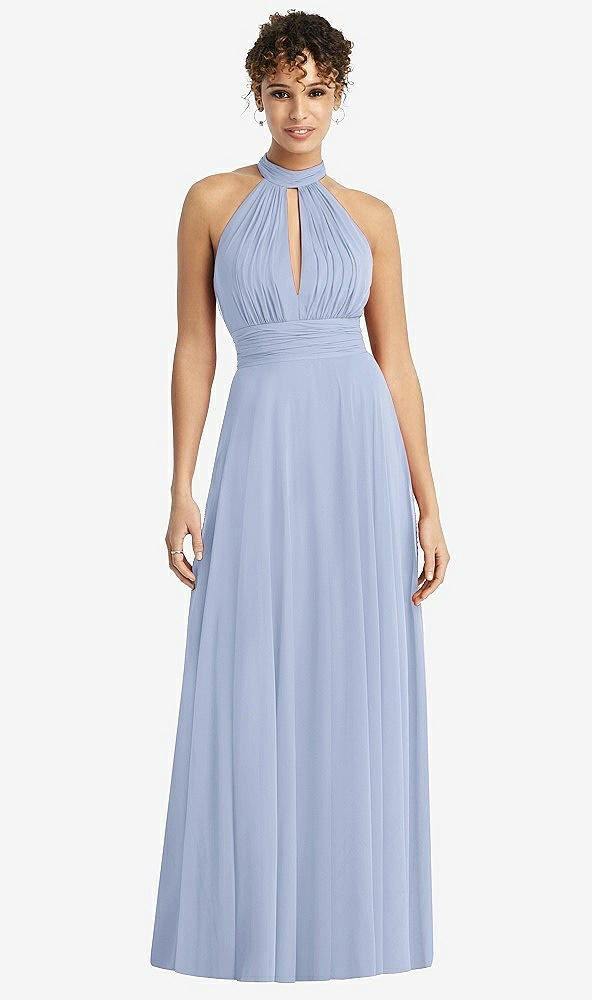 Front View - Sky Blue High-Neck Open-Back Shirred Halter Maxi Dress