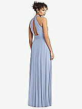 Rear View Thumbnail - Sky Blue High-Neck Open-Back Shirred Halter Maxi Dress