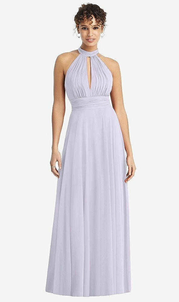 Front View - Silver Dove High-Neck Open-Back Shirred Halter Maxi Dress