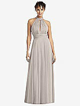 Front View Thumbnail - Taupe High-Neck Open-Back Shirred Halter Maxi Dress