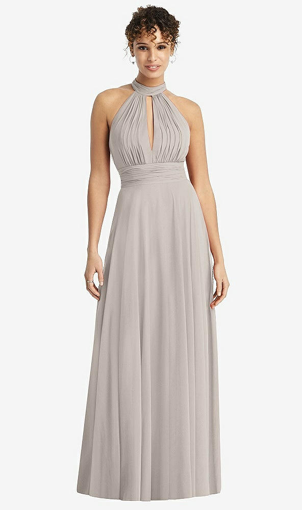 Front View - Taupe High-Neck Open-Back Shirred Halter Maxi Dress