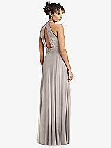 Rear View Thumbnail - Taupe High-Neck Open-Back Shirred Halter Maxi Dress