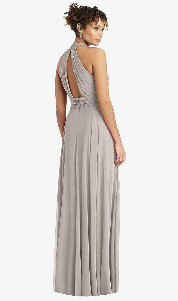 Back View - Taupe High-Neck Open-Back Shirred Halter Maxi Dress