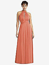 Front View Thumbnail - Terracotta Copper High-Neck Open-Back Shirred Halter Maxi Dress