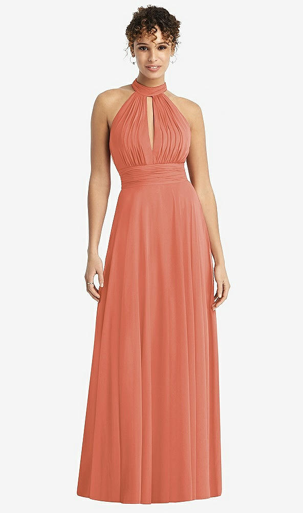 Front View - Terracotta Copper High-Neck Open-Back Shirred Halter Maxi Dress