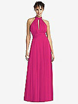 Front View Thumbnail - Think Pink High-Neck Open-Back Shirred Halter Maxi Dress