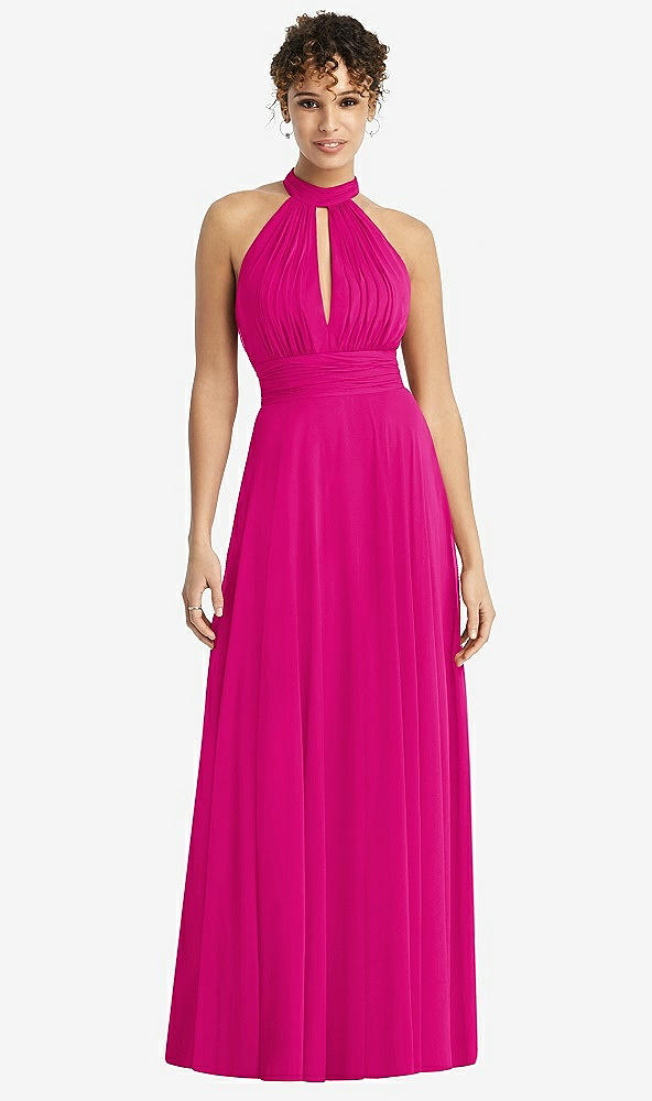 Front View - Think Pink High-Neck Open-Back Shirred Halter Maxi Dress