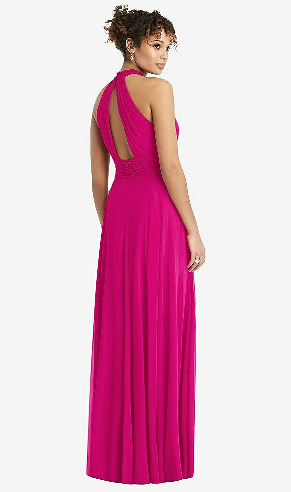Back View - Think Pink High-Neck Open-Back Shirred Halter Maxi Dress