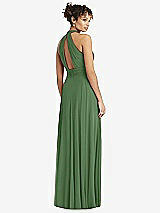 Rear View Thumbnail - Vineyard Green High-Neck Open-Back Shirred Halter Maxi Dress