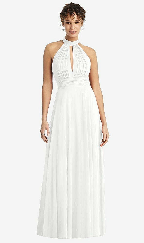 Front View - White High-Neck Open-Back Shirred Halter Maxi Dress
