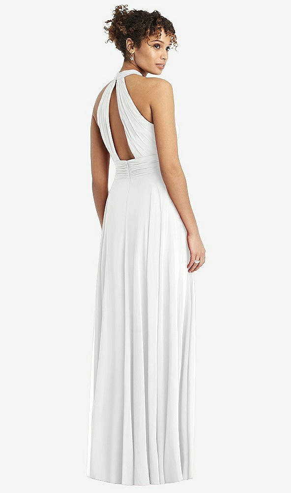 Back View - White High-Neck Open-Back Shirred Halter Maxi Dress