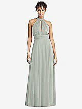 Front View Thumbnail - Willow Green High-Neck Open-Back Shirred Halter Maxi Dress