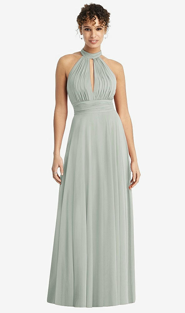 Front View - Willow Green High-Neck Open-Back Shirred Halter Maxi Dress