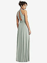 Rear View Thumbnail - Willow Green High-Neck Open-Back Shirred Halter Maxi Dress