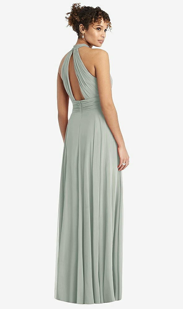 Back View - Willow Green High-Neck Open-Back Shirred Halter Maxi Dress