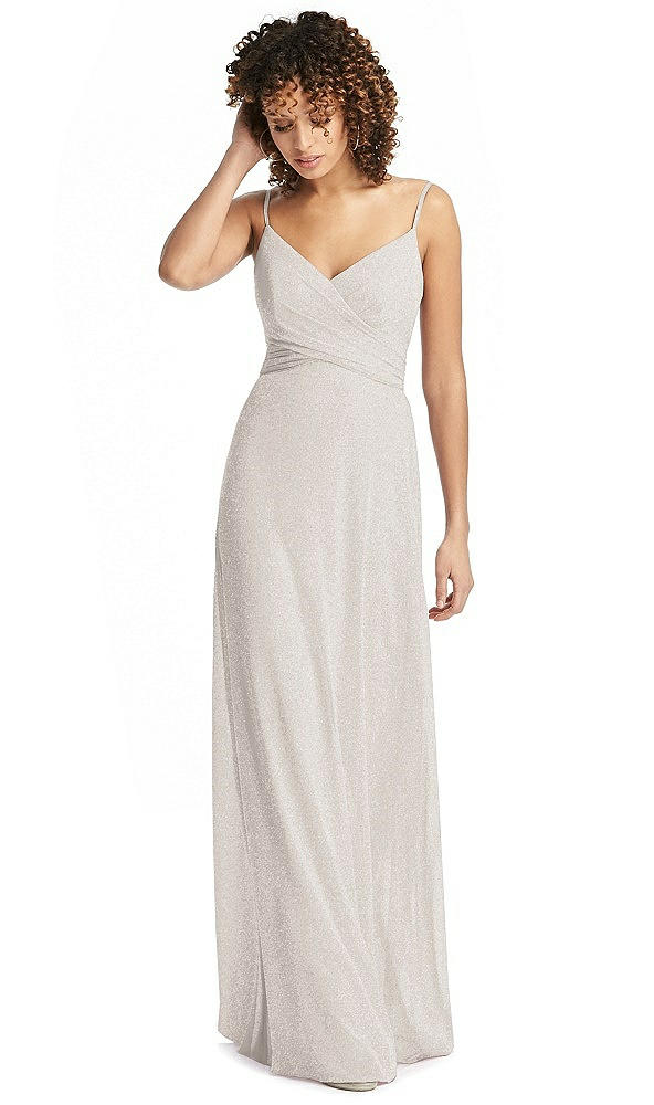Front View - Taupe Silver Shimmer Faux Wrap Chiffon Dress