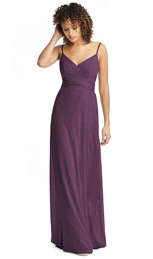 Front View - Aubergine Silver Shimmer Faux Wrap Chiffon Dress