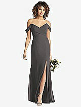 Front View Thumbnail - Caviar Gray Off-the-Shoulder Criss Cross Bodice Trumpet Gown