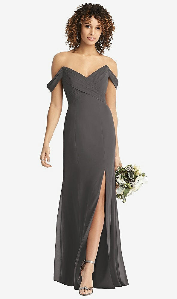 Front View - Caviar Gray Off-the-Shoulder Criss Cross Bodice Trumpet Gown