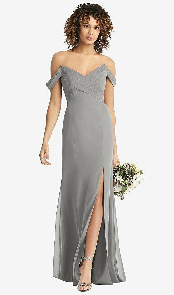 Front View - Chelsea Gray Off-the-Shoulder Criss Cross Bodice Trumpet Gown