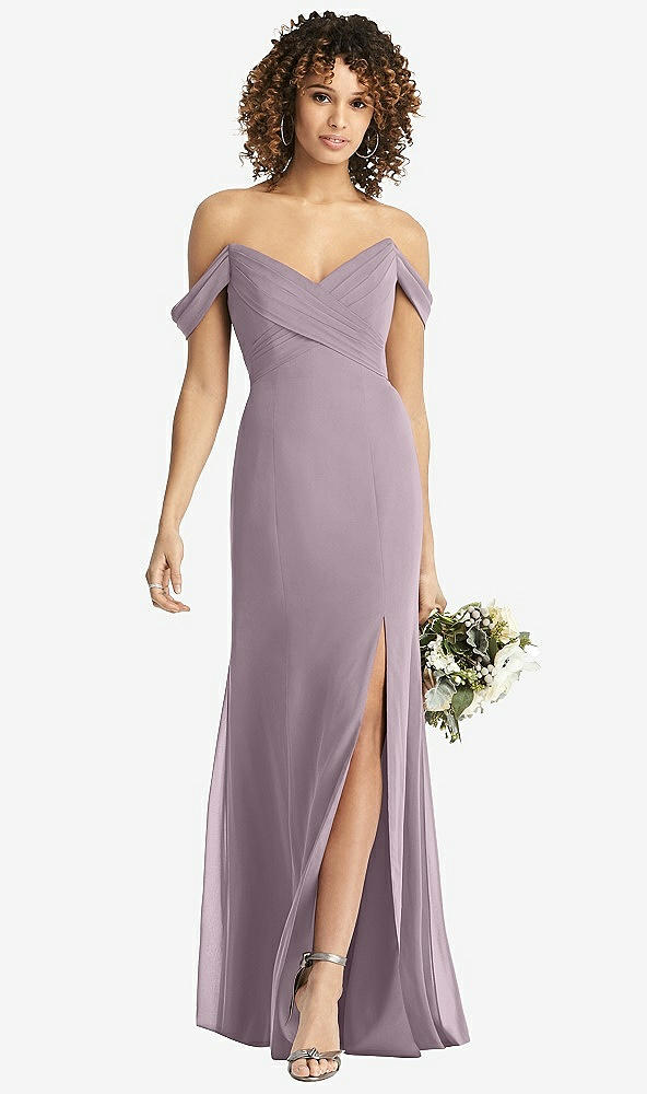 Front View - Lilac Dusk Off-the-Shoulder Criss Cross Bodice Trumpet Gown