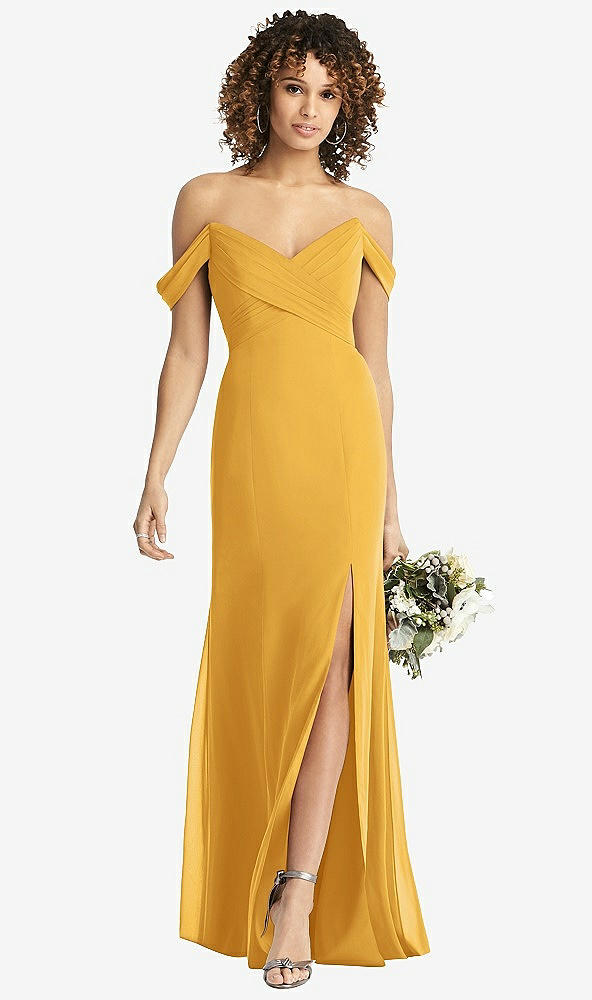 Front View - NYC Yellow Off-the-Shoulder Criss Cross Bodice Trumpet Gown
