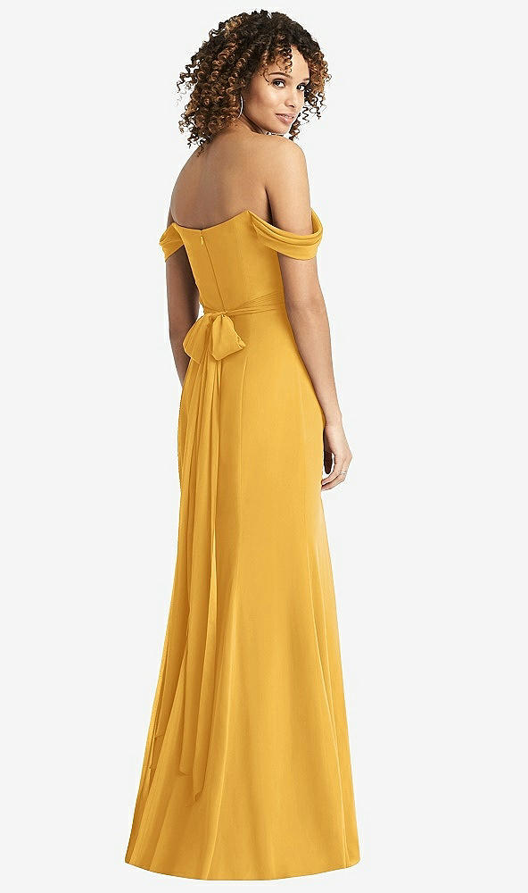 Back View - NYC Yellow Off-the-Shoulder Criss Cross Bodice Trumpet Gown