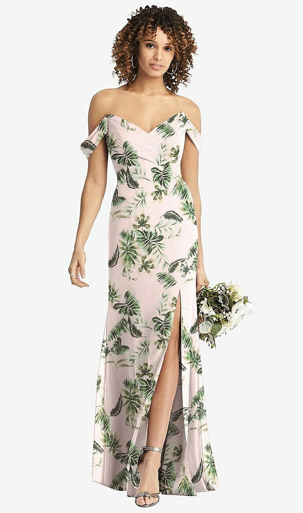 Front View - Palm Beach Print Off-the-Shoulder Criss Cross Bodice Trumpet Gown