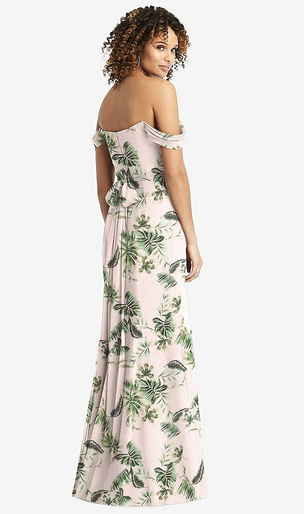 Back View - Palm Beach Print Off-the-Shoulder Criss Cross Bodice Trumpet Gown