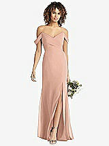 Front View Thumbnail - Pale Peach Off-the-Shoulder Criss Cross Bodice Trumpet Gown
