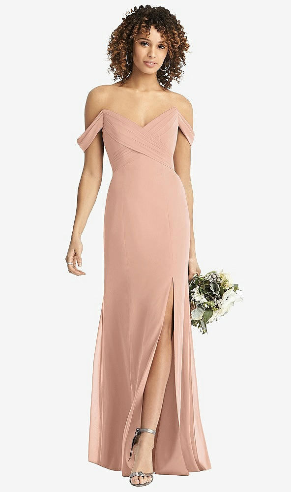 Front View - Pale Peach Off-the-Shoulder Criss Cross Bodice Trumpet Gown