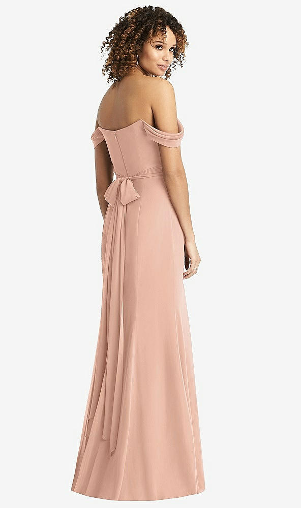 Back View - Pale Peach Off-the-Shoulder Criss Cross Bodice Trumpet Gown