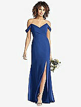 Front View Thumbnail - Classic Blue Off-the-Shoulder Criss Cross Bodice Trumpet Gown