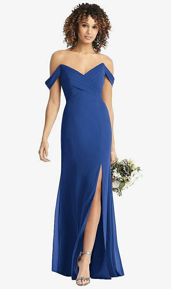 Front View - Classic Blue Off-the-Shoulder Criss Cross Bodice Trumpet Gown