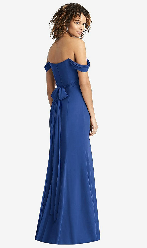 Back View - Classic Blue Off-the-Shoulder Criss Cross Bodice Trumpet Gown