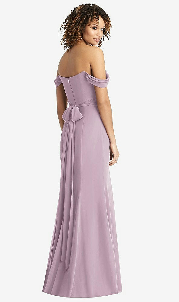 Back View - Suede Rose Off-the-Shoulder Criss Cross Bodice Trumpet Gown