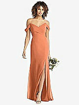 Front View Thumbnail - Sweet Melon Off-the-Shoulder Criss Cross Bodice Trumpet Gown