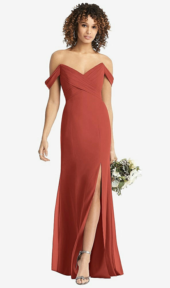 Front View - Amber Sunset Off-the-Shoulder Criss Cross Bodice Trumpet Gown