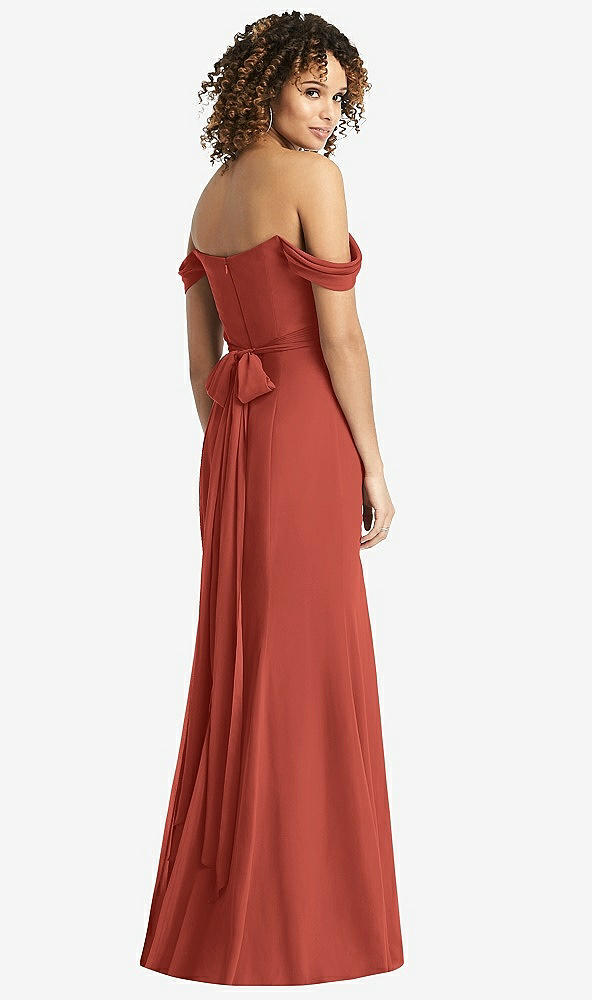 Back View - Amber Sunset Off-the-Shoulder Criss Cross Bodice Trumpet Gown