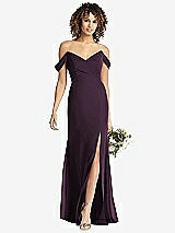Front View Thumbnail - Aubergine Off-the-Shoulder Criss Cross Bodice Trumpet Gown
