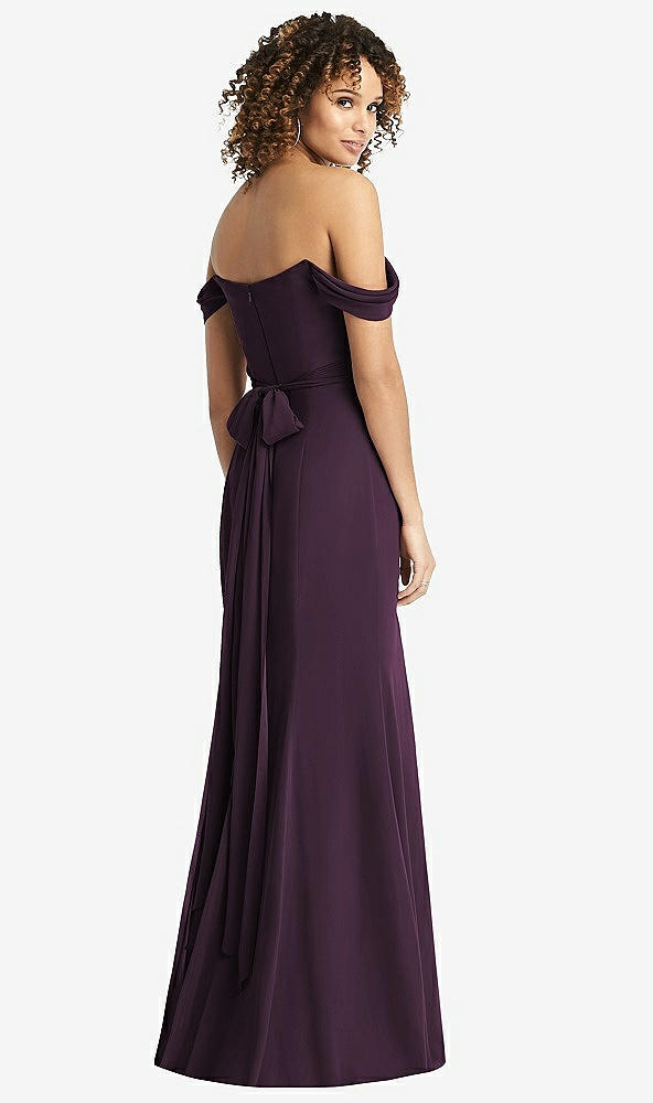 Back View - Aubergine Off-the-Shoulder Criss Cross Bodice Trumpet Gown
