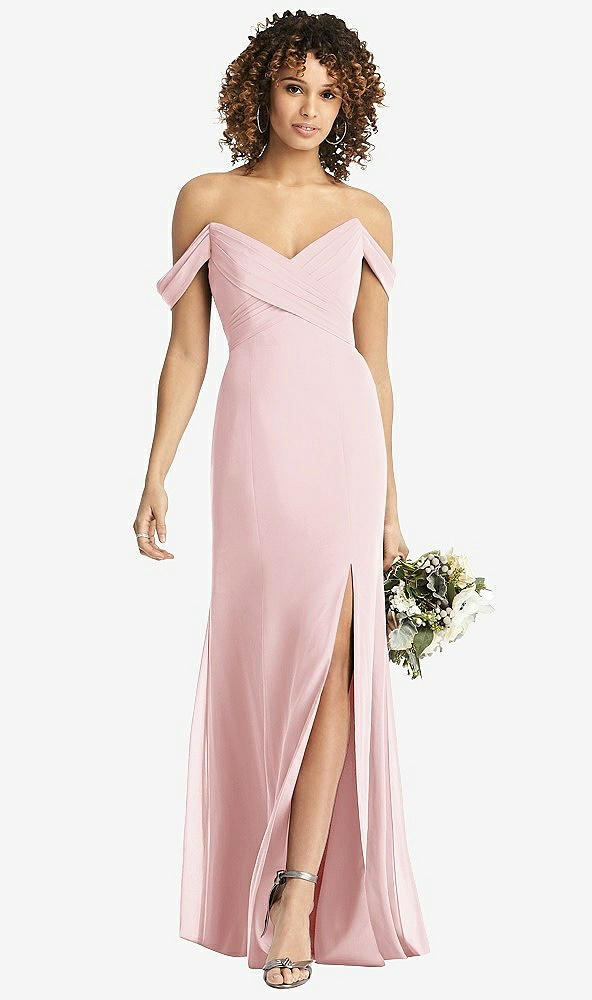 Front View - Ballet Pink Off-the-Shoulder Criss Cross Bodice Trumpet Gown