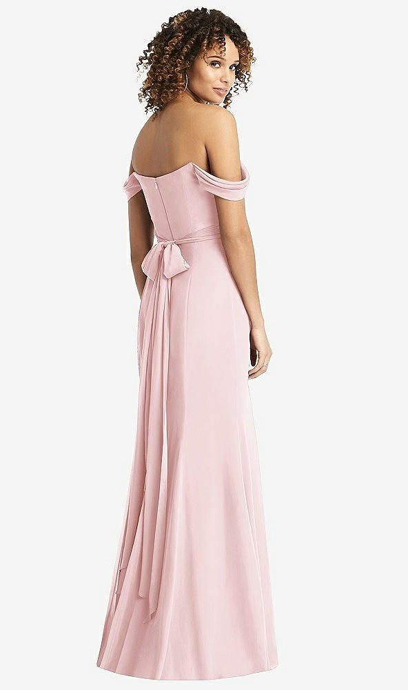 Back View - Ballet Pink Off-the-Shoulder Criss Cross Bodice Trumpet Gown
