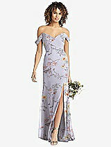 Front View Thumbnail - Butterfly Botanica Silver Dove Off-the-Shoulder Criss Cross Bodice Trumpet Gown